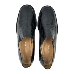 Ralph Lauren Vintage Black Crocodile Croc Embossed Leather Flat Loafers Flats